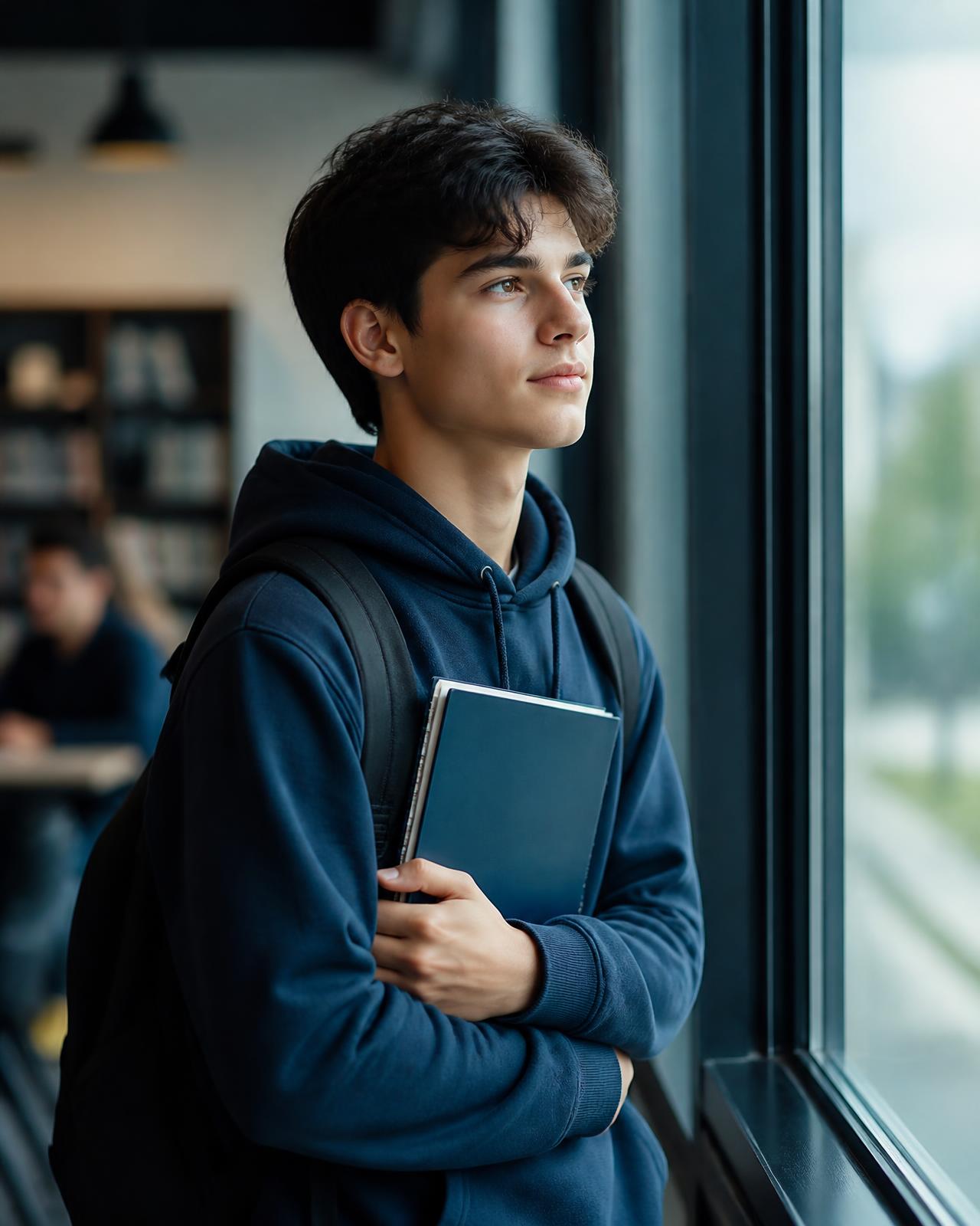 A secondary-school student looking ahead thoughtfully in a bright study space